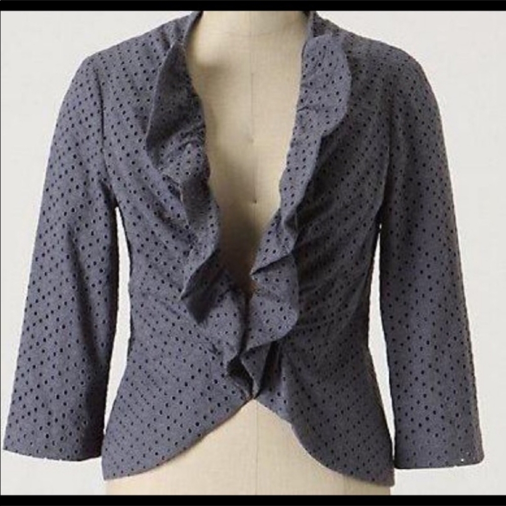 Ruffle Front Eyelet Blazer Jacket - Slate Gray